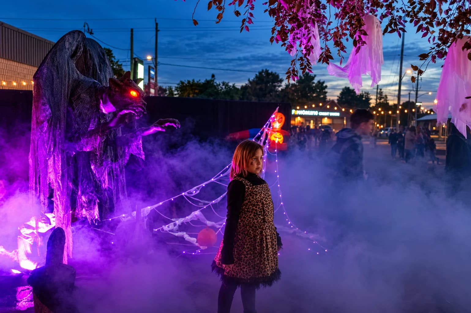 A child stands in drifting fog beside purple-lit Halloween decorations at dusk.